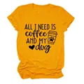 Close-up of All I Need Is Coffee And My Dog print on mustard yellow casual T-shirt. - S / Tops / Mustard Yellow (Black Text)