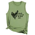 Detail view of sage green sleeveless tank top with cluck around slogan print - Olive Green