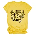 Λεπτομέρεια κίτρινου T-shirt με σλόγκαν 'ALL I NEED IS COFFEE AND MY DOG' - S / Tops / Κίτρινο