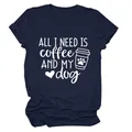 Κοντινό πλάνο της εκτύπωσης 'All I Need Is Coffee and My Dog' σε μπλε βαμβακερό t-shirt - S / Tops / Ναυτικό Μπλε (Λευκή Γραμματοσειρά)