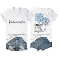 Camiseta blanca de mujer con cuello en V, estampado Kindness is free y diseño floral - S / Tops / Blanco (Gráfico Negro)