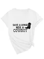 Detailopname van wit T-shirt met V-hals en de Save a horse ride a cowboy grafische print - S / Tops / Wit