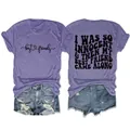 Μπροστινή και πίσω όψη μωβ t-shirt με τύπωμα I WAS SO INNOCENT και τζιν σορτς - S / Tops / Μοβ (Μαύρο Τύπωμα)