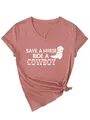 Stijlvol roze dames T-shirt met V-hals en Save a Horse Ride a Cowboy grafische print - S / Tops / Roségoud