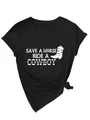 Dames T-shirt met V-hals in zwart met 'Save a Horse Ride a Cowboy' witte grafische print. - S / Tops / Zwart
