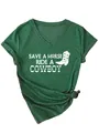 Gedetailleerd overzicht van groen dames T-shirt met V-hals en cowboy print opdruk - S / Tops / Vintage Groen