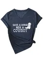 Detailweergave van marineblauw dames T-shirt met V-hals en Save a Horse Ride a Cowboy-print - S / Tops / Marineblauw