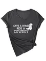Detail van grijs dames T-shirt met V-hals en Save a Horse Ride a Cowboy opdruk - S / Tops / Zwartgrijs Gemêleerd