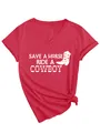 Rood dames T-shirt met V-hals en witte Save a Horse Ride a Cowboy-grafische print - S / Tops / Rood