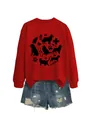 Detail of red sweatshirt featuring cute cat, dog, and stethoscope graphic prints. - S / Tops / Red Sweatshirt (Black Font)