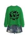 Close-up detail of green women's sweatshirt with cat and dog silhouettes and medical icons - S / Tops / Grass Green Sweatshirt (Black Font)