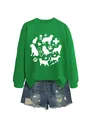 Detail of cute cat and dog graphic print on green crewneck sweatshirt - S / Tops / Grass Green Sweatshirt (White Font)