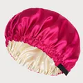 Double-layered fuchsia satin bonnet with adjustable elastic strap for hair care - Adjustable / Rose Red And Beige Lining