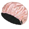 Double-layer satin sleep cap in pink and black with an adjustable button strap for hair care - Adjustable / Lime And Black Lining