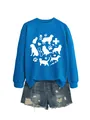 Detail of blue sweatshirt with cute cat dog and medical icons print paired with denim shorts - Lake Blue (White Letters)