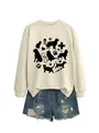Detail view of a cream sweatshirt with cute cat, dog, and veterinarian prints. - Sand Sweatshirt (Black Font)