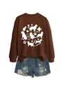 Detailed front view of brown women's sweatshirt with cute white cat and dog theme graphic print - Coffee (White Font)