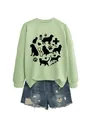 Close-up detail of light green sweatshirt featuring cute black cat and dog vet prints. - Olive Green Sweatshirt (Black Font)
