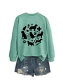 Detailed view of cat and dog paw print graphic on mint green women's sweatshirt - Light Green Sweatshirt (Black Font)