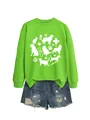 Close-up of a vibrant green women's sweatshirt with cute cat and dog medical art print - Fluorescent Green Sweatshirt (White Font)