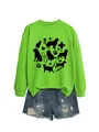 Detail view of a green pet lover sweatshirt with cute cat and dog silhouettes and medical icons. - Fluorescent Green Sweatshirt (Black Font)