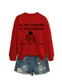Red crewneck sweatshirt featuring No More Homework punctuation graphic and denim shorts. - S / Tops / Red (Black Print)