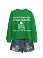 Women's green round neck sweatshirt featuring white No More Homework graphic. - S / Tops / Grass Green (White Graphic)