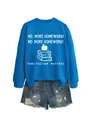 Blue crewneck sweatshirt with 'Punctuation Matters' graphic and denim shorts. - Lake Blue (White Print)