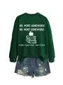Dark green round neck sweatshirt with 'No More Homework' graphic and denim shorts detail. - Dark Green Sweatshirt (White Text Pattern)