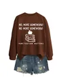 Brown crew neck sweatshirt featuring 'No More Homework' graphic print and denim shorts. - Coffee (White Print)