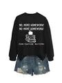 Detailed close-up showing the Punctuation Matters graphic on a black crewneck sweatshirt - Black (White Letters)