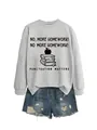 Close-up of the 'No More Homework' graphic on this casual grey crewneck sweatshirt - Grey (Black Print)