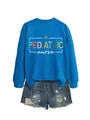 Detail of bright blue crewneck sweatshirt featuring a colorful Pediatric Nurse print - S / Tops / Lake Blue (White Graphic)