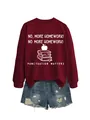 Detailed view of burgundy crewneck sweatshirt with white 'No More Homework' graphic print - Wine Red (White Print)