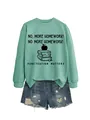 Women's mint green crewneck sweatshirt with 'No More Homework' graphic print - Light Green (Black Print)