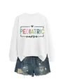 White pediatric nurse crewneck sweatshirt paired with distressed blue denim shorts - S / Tops / White (Black Letters)