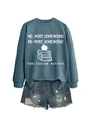Close-up of blue crewneck sweatshirt with No More Homework print and denim shorts - Blue (White Print)