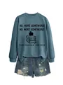 Detail of blue-grey sweatshirt with Punctuation Matters graphic and denim shorts outfit - Blue (Black Print)