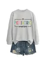 Close-up detail of a gray pediatric nurse crewneck sweatshirt with colorful text - S / Tops / Grey (Black Print)