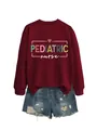 Detail of a maroon pediatric nurse crewneck sweatshirt with distressed denim shorts. - S / Tops / Burgundy