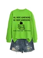 Close-up of bright green crewneck sweatshirt with humorous homework graphic design. - Fluorescent Green (Black Graphic)