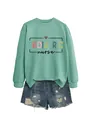 Detailed view of mint green pediatric nurse sweatshirt with denim shorts outfit. - S / Tops / Light Green (Black Graphic)
