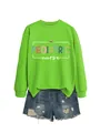 Detail view of lime green pediatric nurse sweatshirt with distressed denim shorts. - S / Tops / Fluorescent Green (White Graphic)