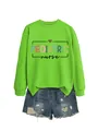 Close-up detail of pediatric nurse graphic on a vibrant lime green crewneck sweatshirt - S / Tops / Fluorescent Green (Black Graphic)