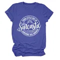 Gedetailleerd overzicht van blauw gemêleerd dames T-shirt met witte Sarcastic Sunshine print - S / Tops / Vintage Blauw