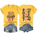 Yellow V-neck short sleeve T-shirt featuring a 2027 Senior Class Of glitter print design - S / Tops / Yellow
