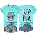 Front and back view of turquoise V-neck T-shirt with pink glitter Senior 2027 print - S / Tops / Deep Water Blue