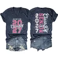 Marineblaues V-Ausschnitt T-Shirt Senior Class of 2027 mit rosa Glitzerdruck, Vorderseite - Marineblau