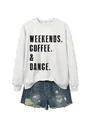 Κοντινό πλάνο του γκρι φούτερ WEEKENDS COFFEE DANCE με τζιν σορτς και σκισίματα - S / Tops / Ζαχαρί (Μαύρο Τυπωτό)
