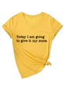 Macro view of yellow V-neck cotton T-shirt featuring minimalist black letter print - S / Tops / Yellow